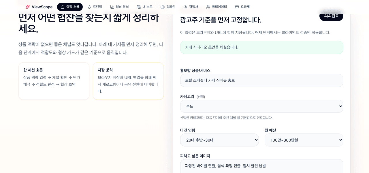 ViewScope 결정 흐름 — 상품 맥락 → 채널 → 단가 → 적합도 → 협상 5단계 stepper